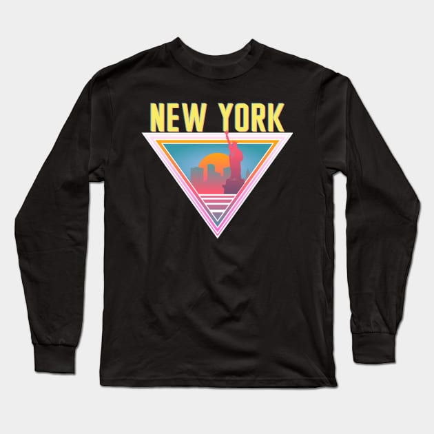 New York City Skyline Silhouette Sunrise Retro 80's / 90's Vaporwave Aesthetics - Bright Vintage Design For Sunny Summer Days Long Sleeve T-Shirt by KritwanBlue